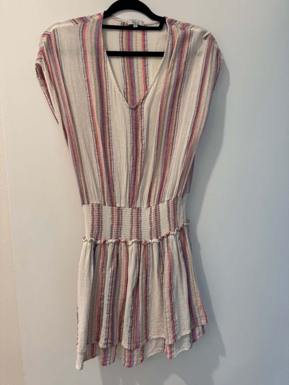 Rails Striped V-Neck Smocked Waist Dress - Cream with Pink & Blue Stripe - S